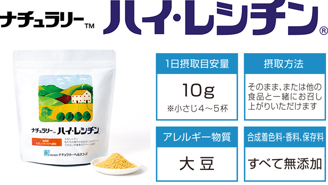 ナチュラリー<sub>™</sub> ハイ・レシチン<sub>®</sub>／そのまま、または他の食品と一緒にお召し上がりいただけます。／アレルギー物質-大豆／合成着色料・香料、保存料-すべて無添加