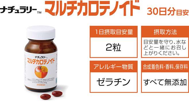 ナチュラリー<sub>™</sub> マルチカロテノイド【30日分 目安】/1日摂取目安量-2粒/摂取方法-目安量を守り、水などと一緒にお召し上がりください。/アレルギー物質-ゼラチン/合成着色料・香料、保存料-すべて無添加